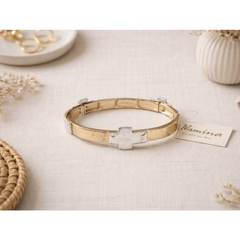 Pomina Gold Silver Cross Stretch Bracelet New